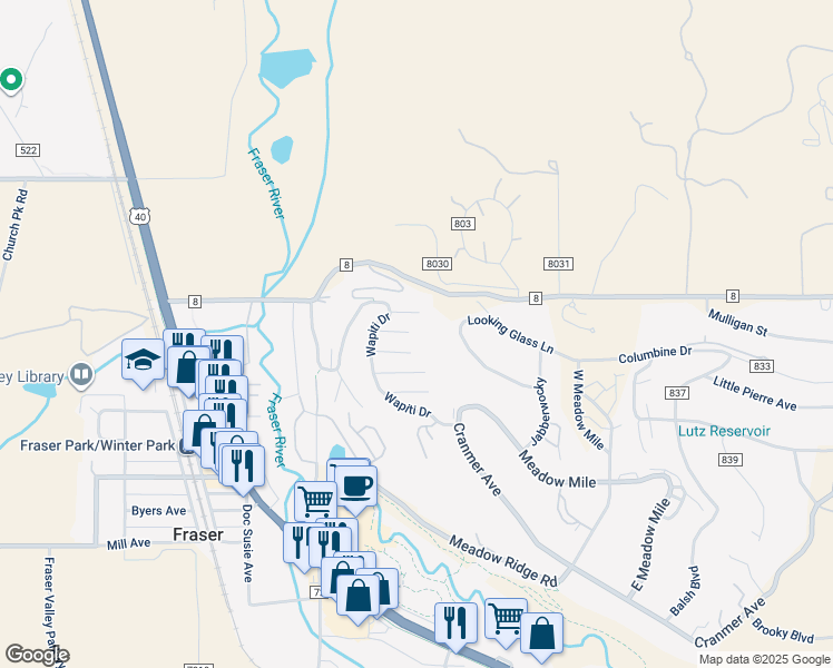 map of restaurants, bars, coffee shops, grocery stores, and more near 861 Wolverine Lane in Fraser