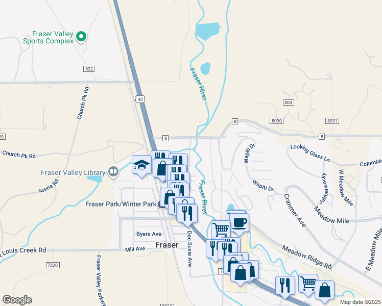 map of restaurants, bars, coffee shops, grocery stores, and more near 300 Sterling Way in Fraser