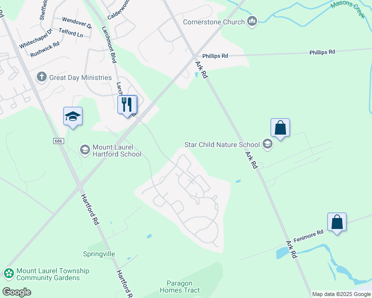 map of restaurants, bars, coffee shops, grocery stores, and more near 503A Harwood Court in Mount Laurel Township