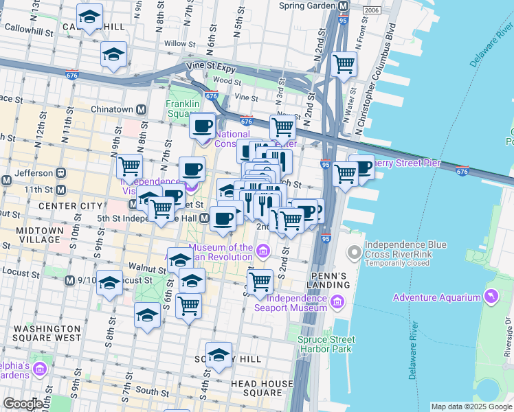 map of restaurants, bars, coffee shops, grocery stores, and more near 30 North 3rd Street in Philadelphia