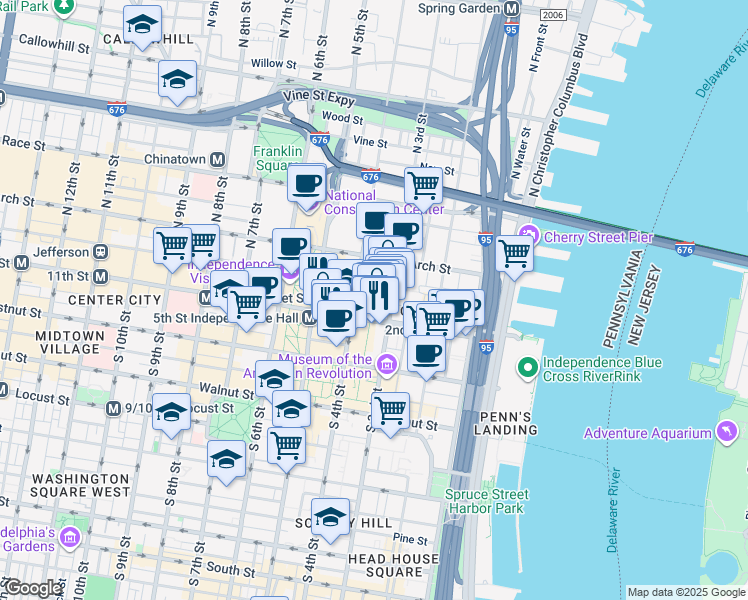 map of restaurants, bars, coffee shops, grocery stores, and more near 7 North Christopher Columbus Boulevard in Philadelphia