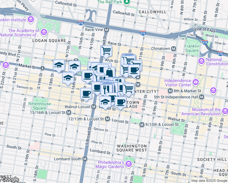 map of restaurants, bars, coffee shops, grocery stores, and more near in Philadelphia