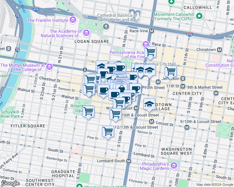 map of restaurants, bars, coffee shops, grocery stores, and more near 1508 Sansom Street in Philadelphia
