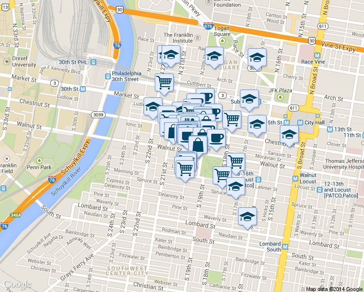 map of restaurants, bars, coffee shops, grocery stores, and more near 1998 Moravian Street in Philadelphia