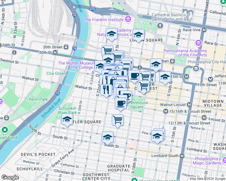 map of restaurants, bars, coffee shops, grocery stores, and more near in Philadelphia