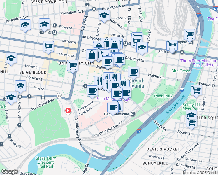 map of restaurants, bars, coffee shops, grocery stores, and more near in Philadelphia