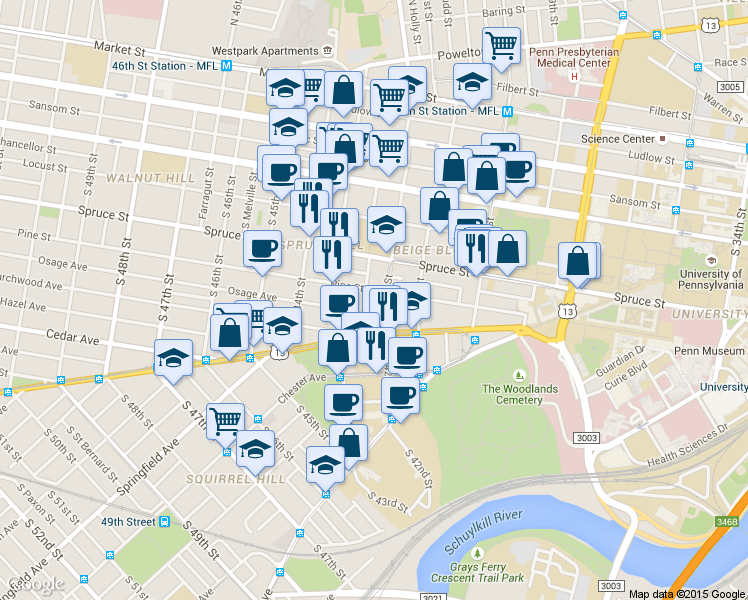 map of restaurants, bars, coffee shops, grocery stores, and more near in Philadelphia