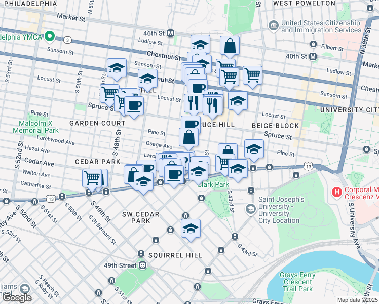 map of restaurants, bars, coffee shops, grocery stores, and more near 416 South 45th Street in Philadelphia