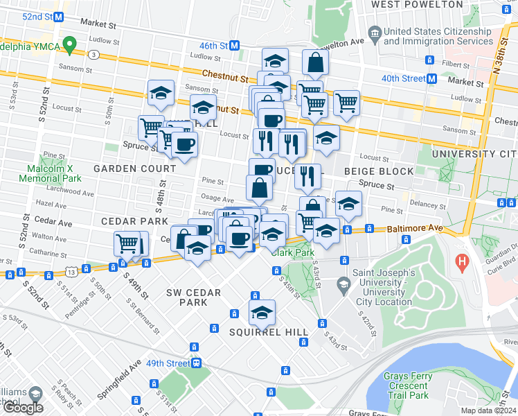 map of restaurants, bars, coffee shops, grocery stores, and more near 416 South 45th Street in Philadelphia