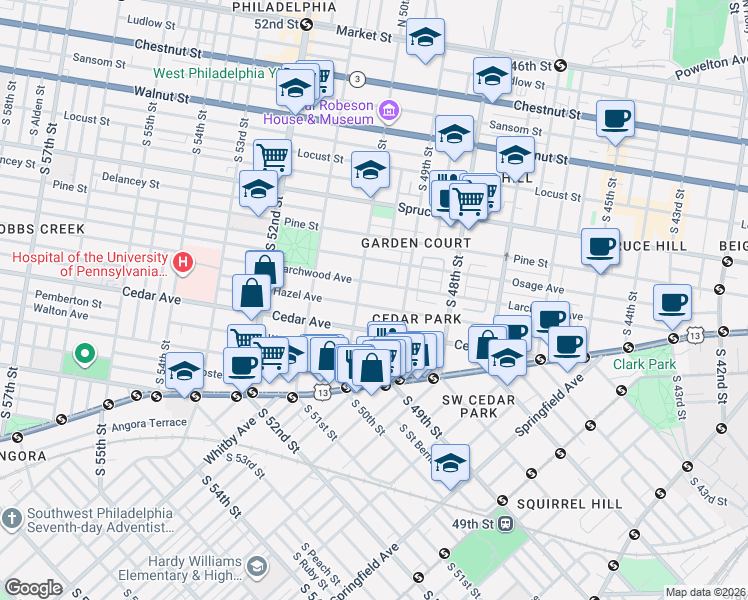 map of restaurants, bars, coffee shops, grocery stores, and more near 4939 Hazel Avenue in Philadelphia