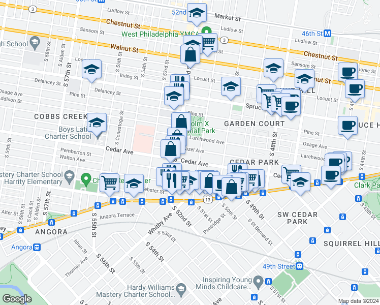 map of restaurants, bars, coffee shops, grocery stores, and more near 5104 Hazel Avenue in Philadelphia