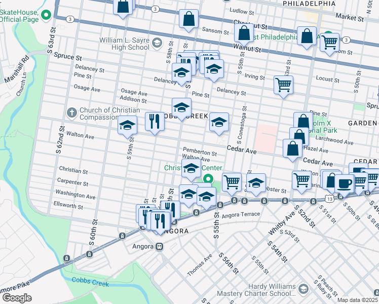 map of restaurants, bars, coffee shops, grocery stores, and more near 5611 Pemberton Street in Philadelphia