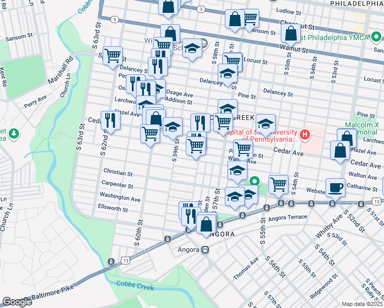 map of restaurants, bars, coffee shops, grocery stores, and more near 5818 Walton Avenue in Philadelphia