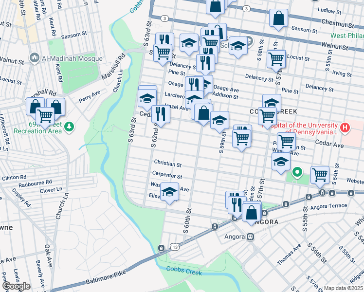 map of restaurants, bars, coffee shops, grocery stores, and more near 6042 Catharine Street in Philadelphia
