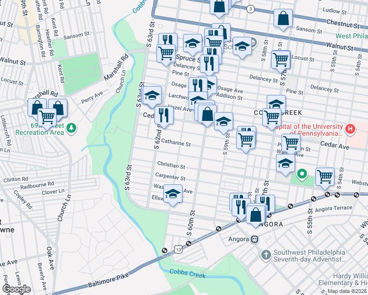 map of restaurants, bars, coffee shops, grocery stores, and more near 6042 Catharine Street in Philadelphia