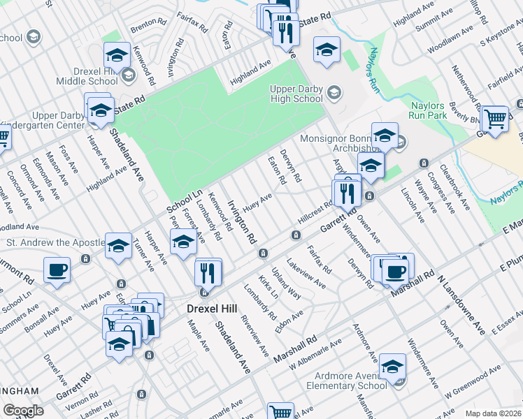 map of restaurants, bars, coffee shops, grocery stores, and more near 2530 Huey Avenue in Drexel Hill