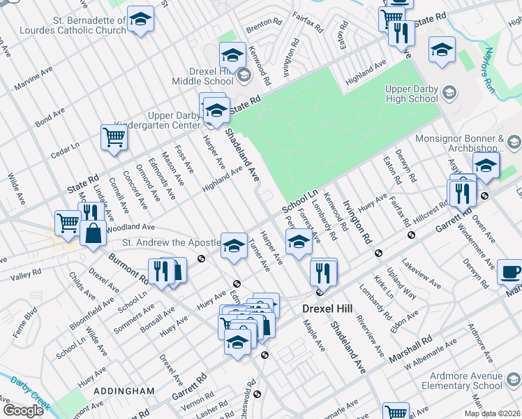 map of restaurants, bars, coffee shops, grocery stores, and more near 3111 School Lane in Drexel Hill
