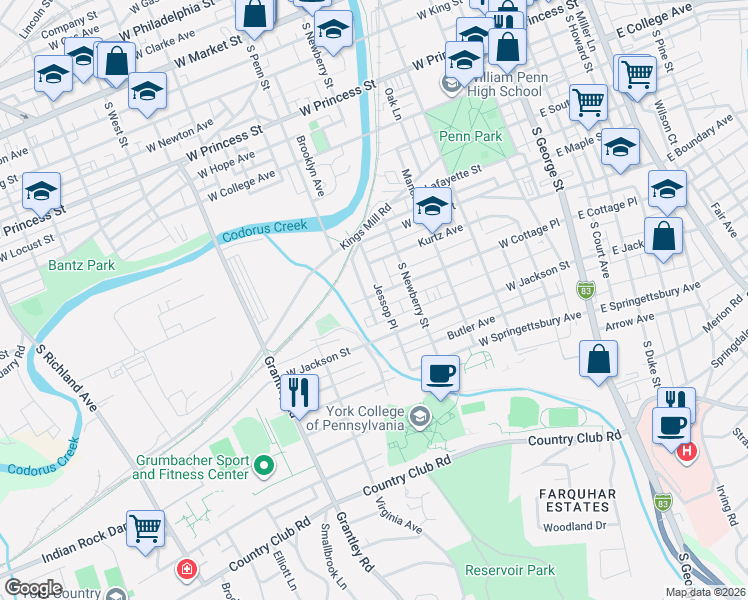map of restaurants, bars, coffee shops, grocery stores, and more near 338 West Cottage Place in York