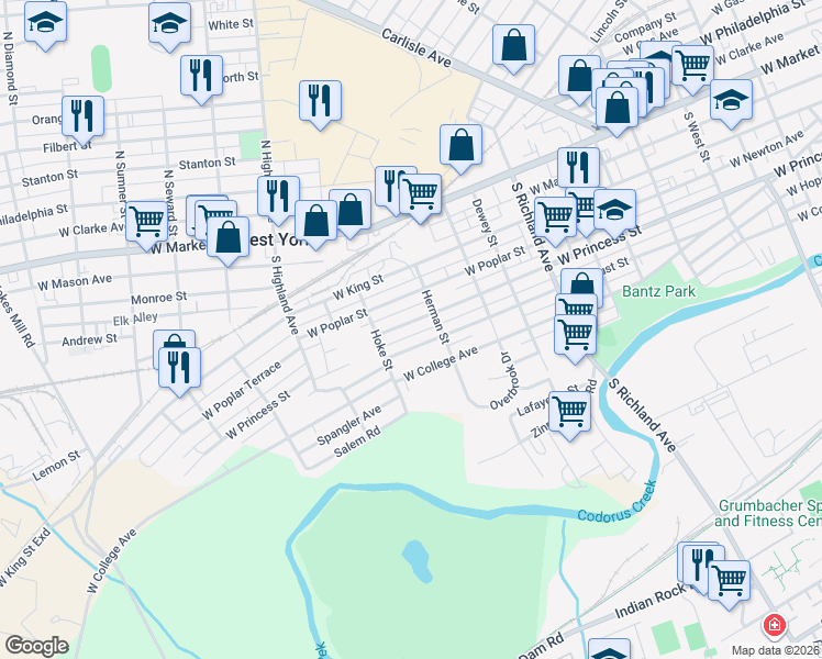 map of restaurants, bars, coffee shops, grocery stores, and more near 1268 West Princess Street in West York