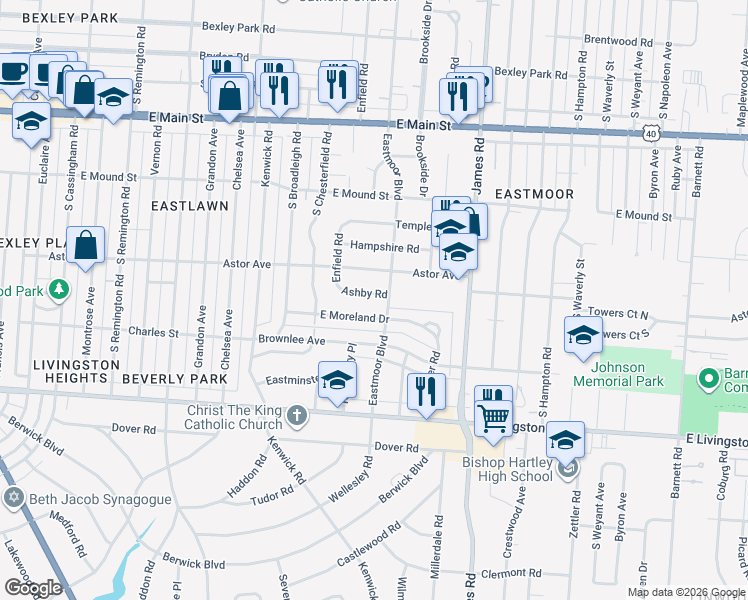 map of restaurants, bars, coffee shops, grocery stores, and more near 2891 Ashby Road in Columbus