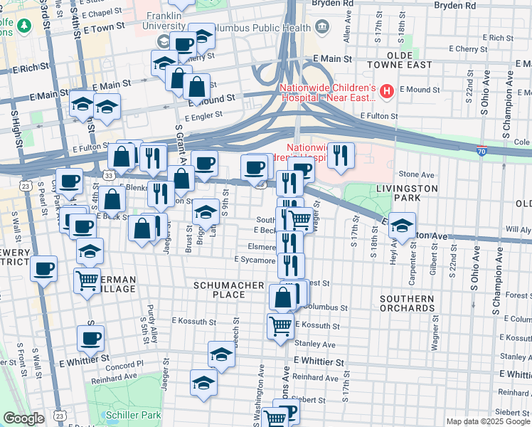 map of restaurants, bars, coffee shops, grocery stores, and more near 627 Lehman Street in Columbus