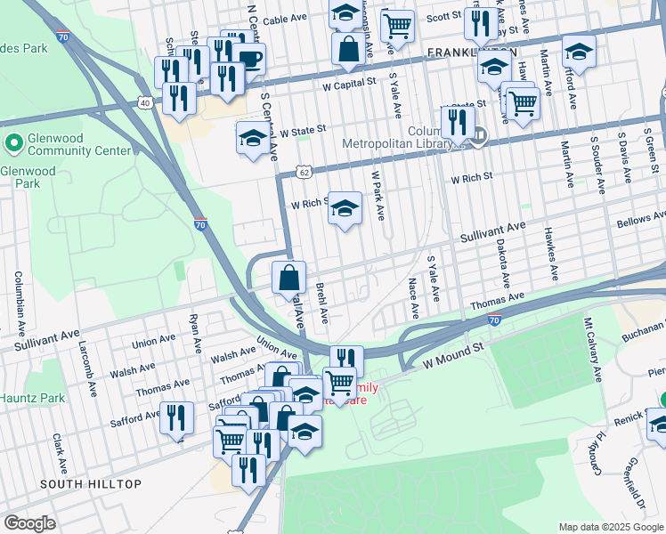 map of restaurants, bars, coffee shops, grocery stores, and more near 1356 Sullivant Avenue in Columbus
