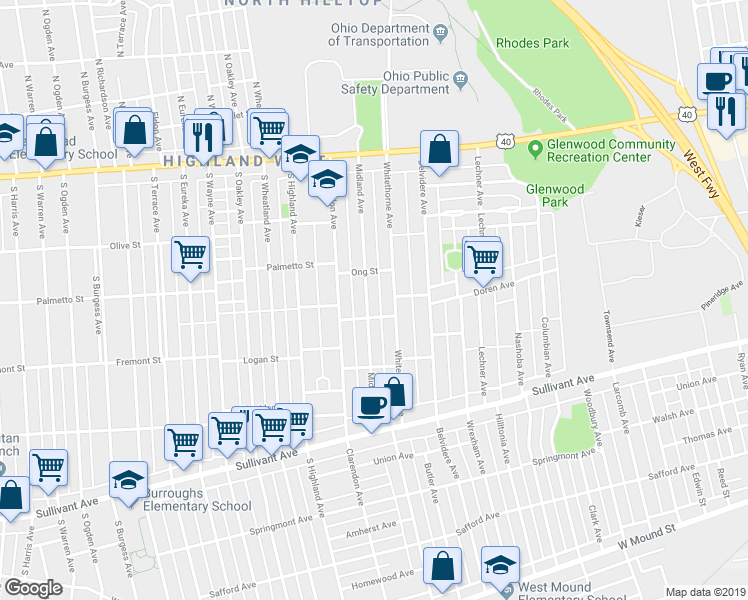 map of restaurants, bars, coffee shops, grocery stores, and more near 219 Midland Avenue in Columbus
