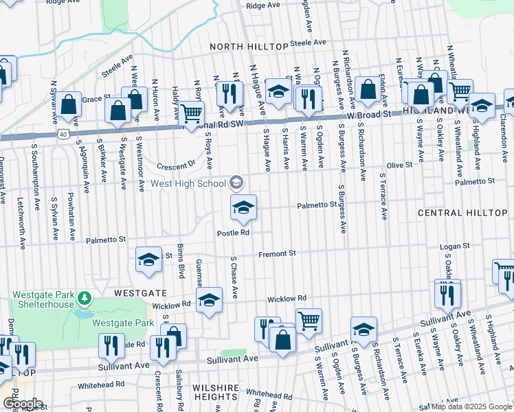map of restaurants, bars, coffee shops, grocery stores, and more near 186 South Powell Avenue in Columbus