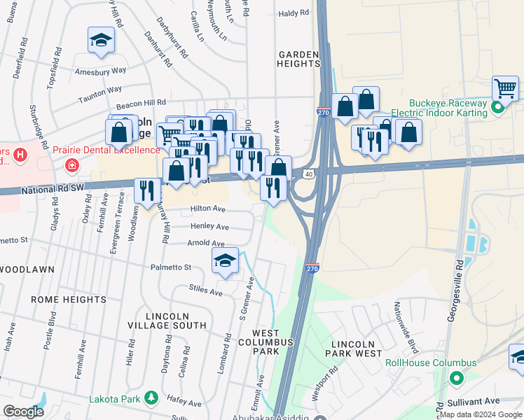 map of restaurants, bars, coffee shops, grocery stores, and more near 72 South Grener Avenue in Columbus