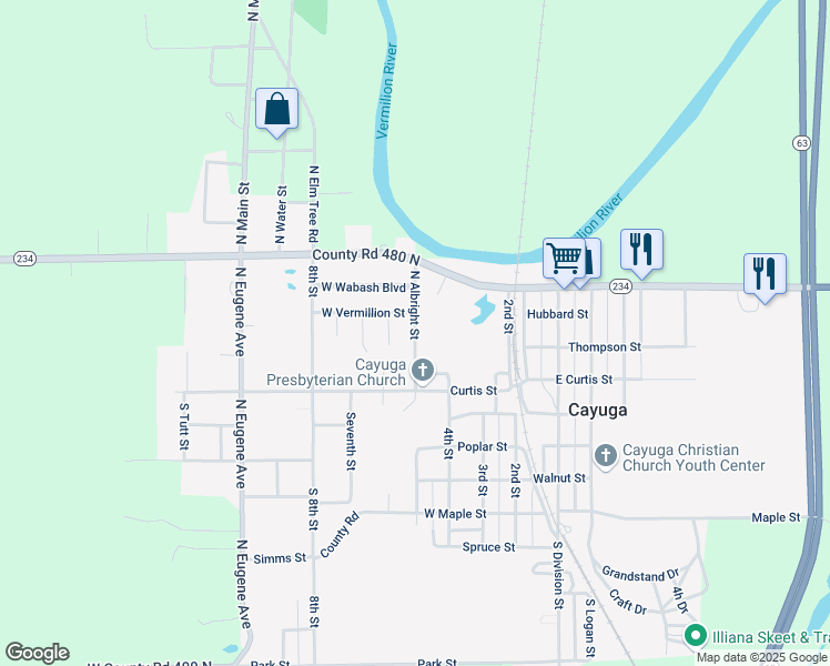 map of restaurants, bars, coffee shops, grocery stores, and more near 237 North Albright Street in Cayuga