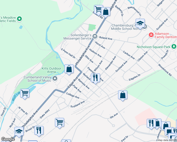 map of restaurants, bars, coffee shops, grocery stores, and more near 134 Pennsylvania Avenue in Chambersburg