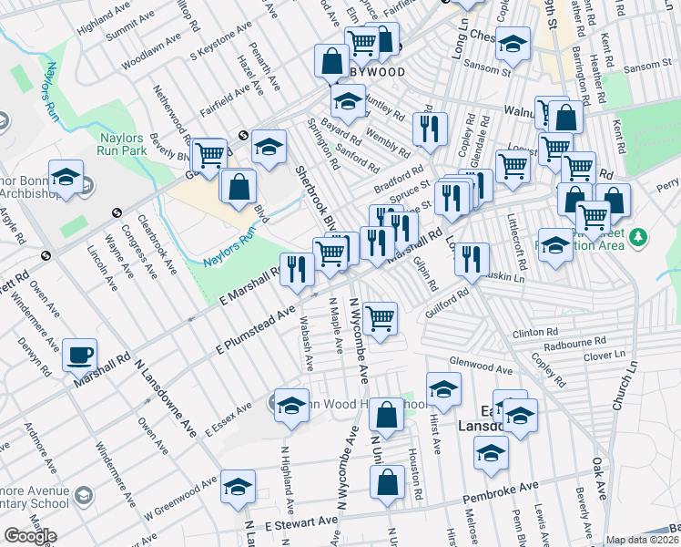 map of restaurants, bars, coffee shops, grocery stores, and more near 206 East Marshall Road in Lansdowne