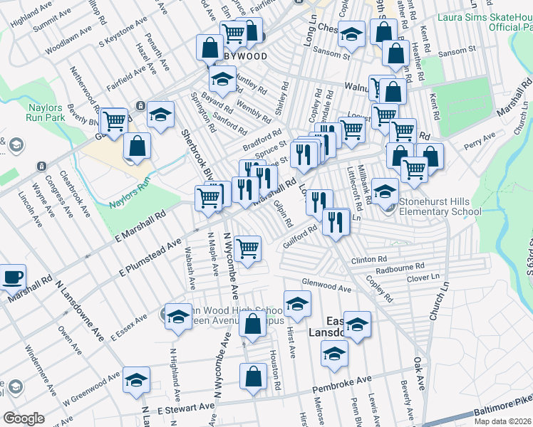 map of restaurants, bars, coffee shops, grocery stores, and more near 82 Lamport Road in Delaware County
