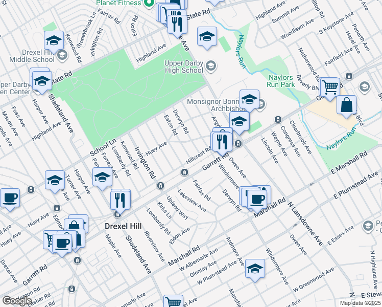 map of restaurants, bars, coffee shops, grocery stores, and more near 439 Eaton Road in Upper Darby