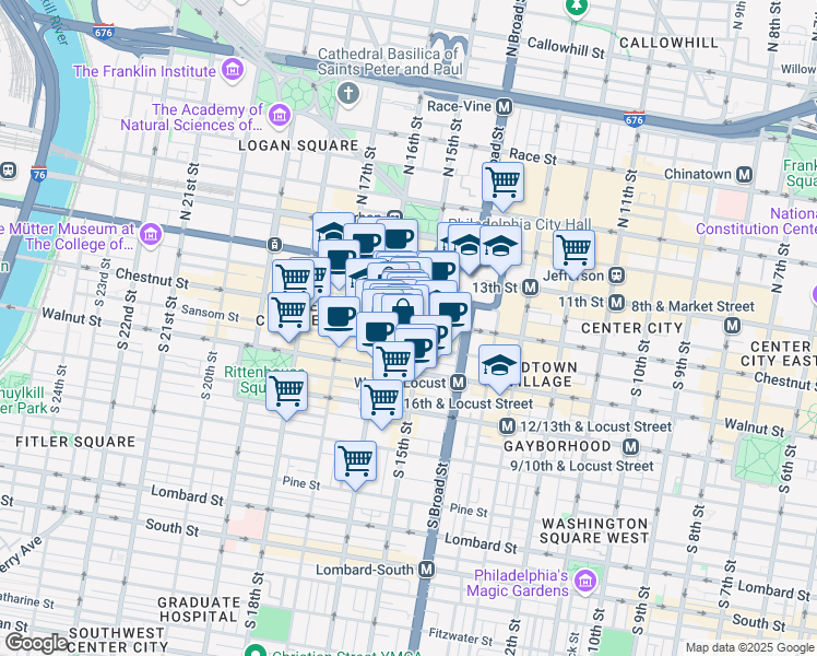map of restaurants, bars, coffee shops, grocery stores, and more near 1508 Sansom Street in Philadelphia