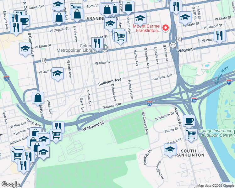 map of restaurants, bars, coffee shops, grocery stores, and more near 1035 Bellows Avenue in Columbus