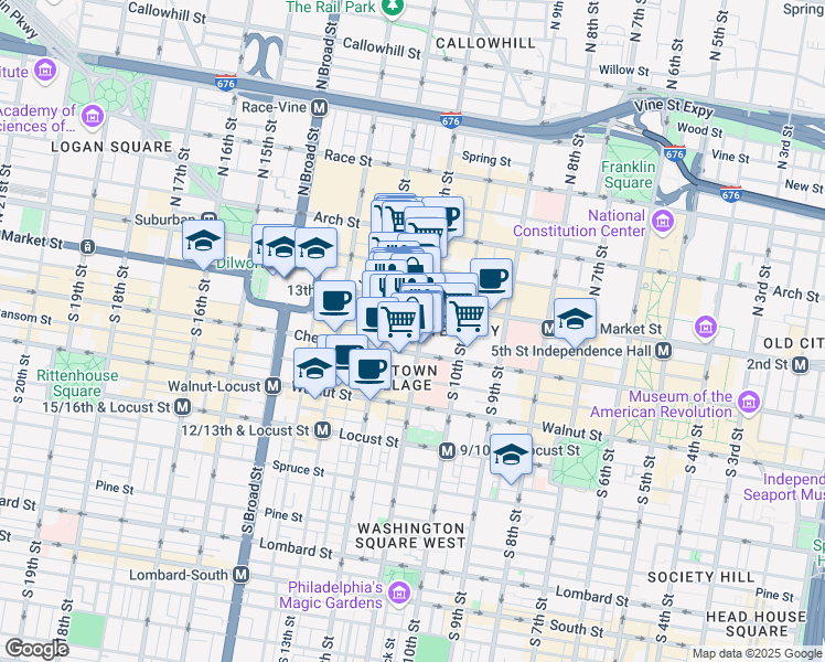 map of restaurants, bars, coffee shops, grocery stores, and more near 1100 Ludlow Street in Philadelphia