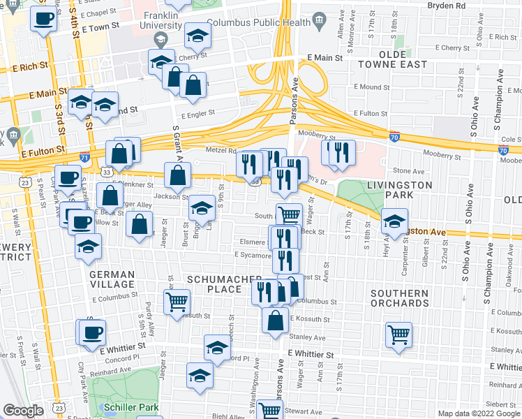 map of restaurants, bars, coffee shops, grocery stores, and more near 627 Lehman Street in Columbus