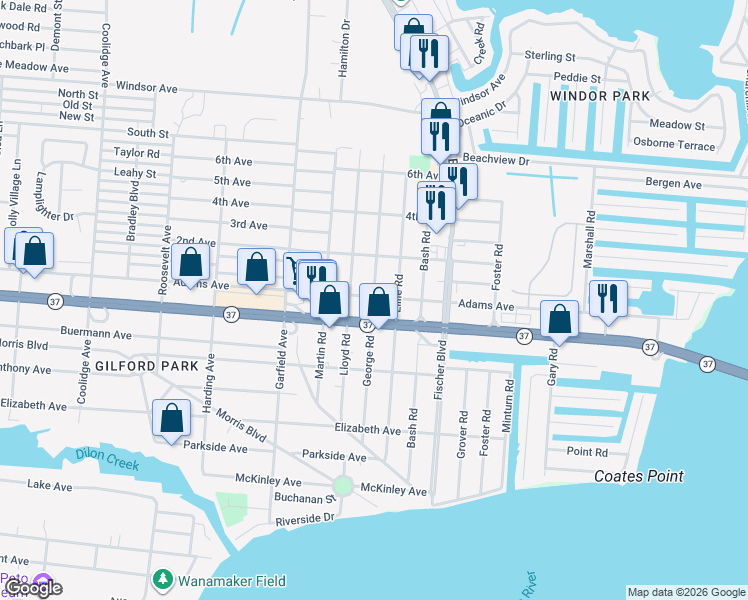 map of restaurants, bars, coffee shops, grocery stores, and more near 511 George Road in Toms River