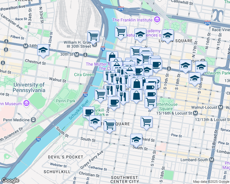 map of restaurants, bars, coffee shops, grocery stores, and more near 2300 Walnut Street in Philadelphia