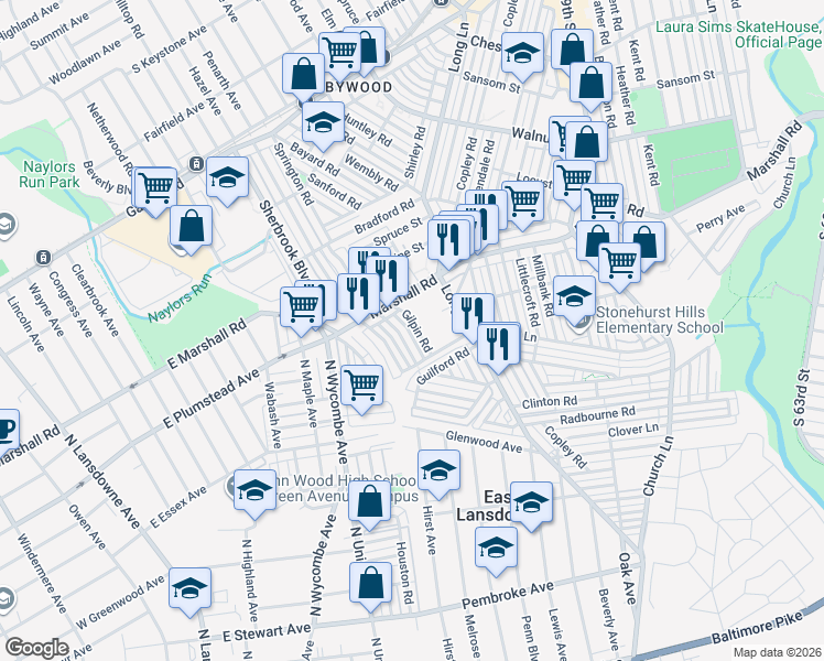 map of restaurants, bars, coffee shops, grocery stores, and more near 82 Lamport Road in Delaware County