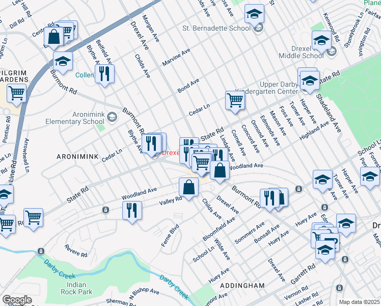 map of restaurants, bars, coffee shops, grocery stores, and more near 743 Childs Avenue in Drexel Hill