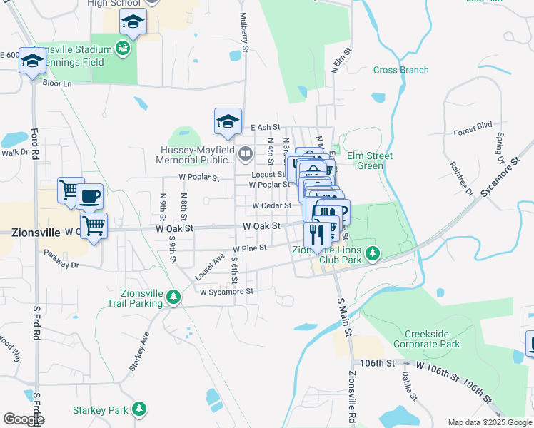 map of restaurants, bars, coffee shops, grocery stores, and more near 40 South 4th Street in Zionsville