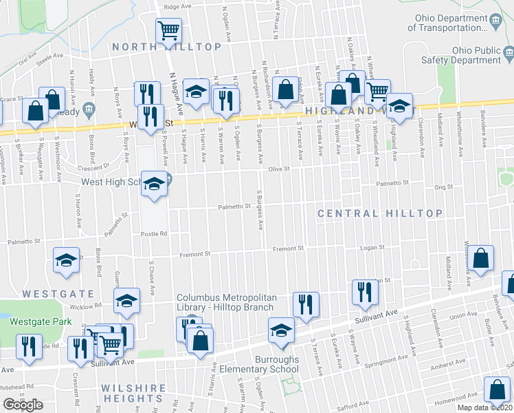 map of restaurants, bars, coffee shops, grocery stores, and more near 203 South Burgess Avenue in Columbus