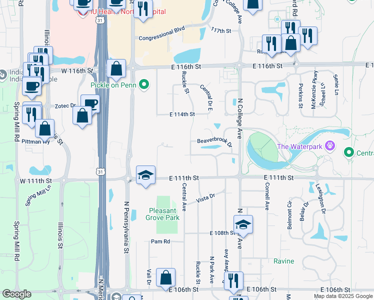 map of restaurants, bars, coffee shops, grocery stores, and more near 11166 Ruckle Street in Carmel