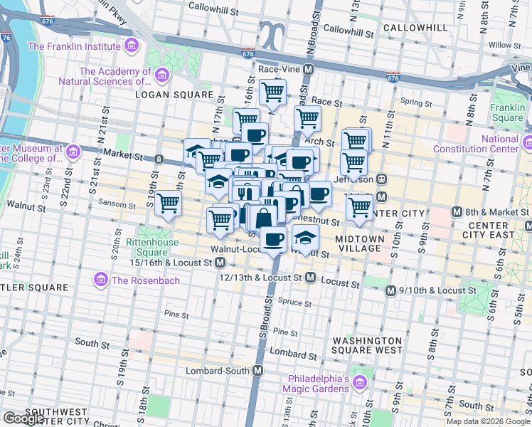 map of restaurants, bars, coffee shops, grocery stores, and more near 1416 Chestnut Street in Philadelphia