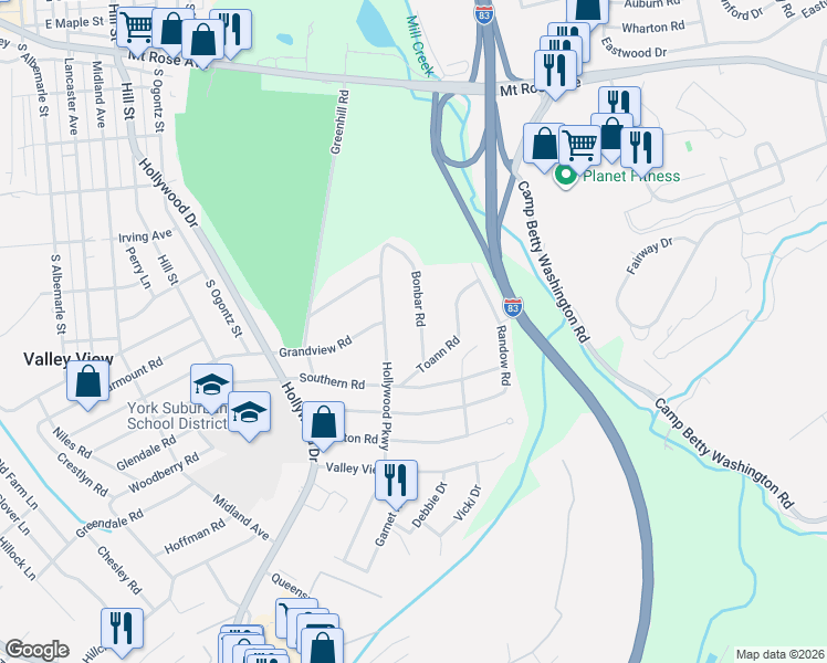 map of restaurants, bars, coffee shops, grocery stores, and more near 1524 Bonbar Road in York
