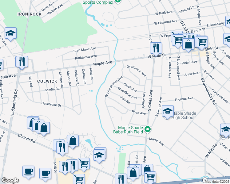 map of restaurants, bars, coffee shops, grocery stores, and more near 5 Paul Road in Maple Shade