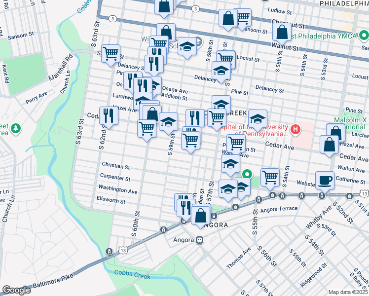 map of restaurants, bars, coffee shops, grocery stores, and more near 5826 Walton Avenue in Philadelphia