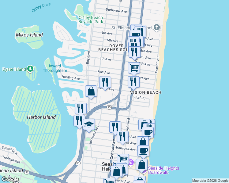 map of restaurants, bars, coffee shops, grocery stores, and more near 209 Eisenhower Avenue in Seaside Heights